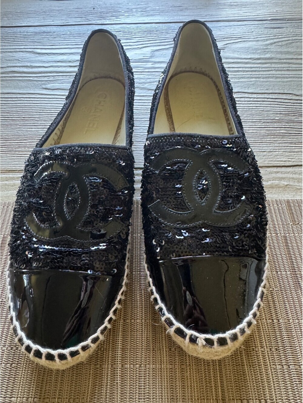 Chanel Tweed Patent Goatskin Sequin Espadrilles Flats EU40